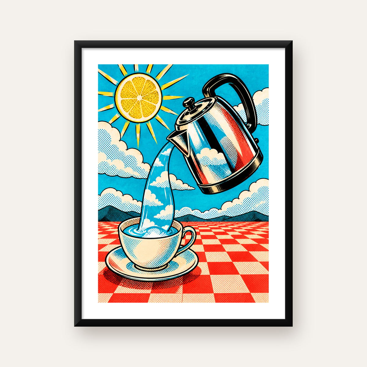 Retro Çay Konsepti Pop Art Poster – Renkli Modern Dekor — Dikey baskı, beyaz paspartulu