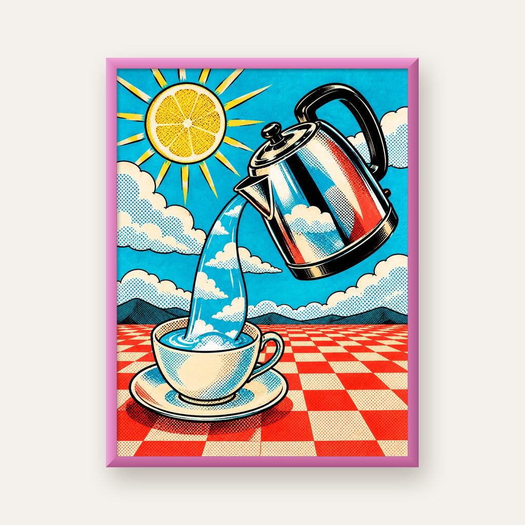 Retro Çay Konsepti Pop Art Poster – Renkli Modern Dekor — pembe çerçeveli