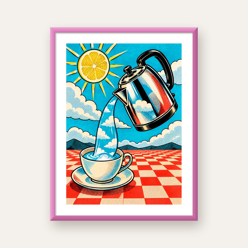 Retro Çay Konsepti Pop Art Poster – Renkli Modern Dekor — pembe çerçeveli paspartulu