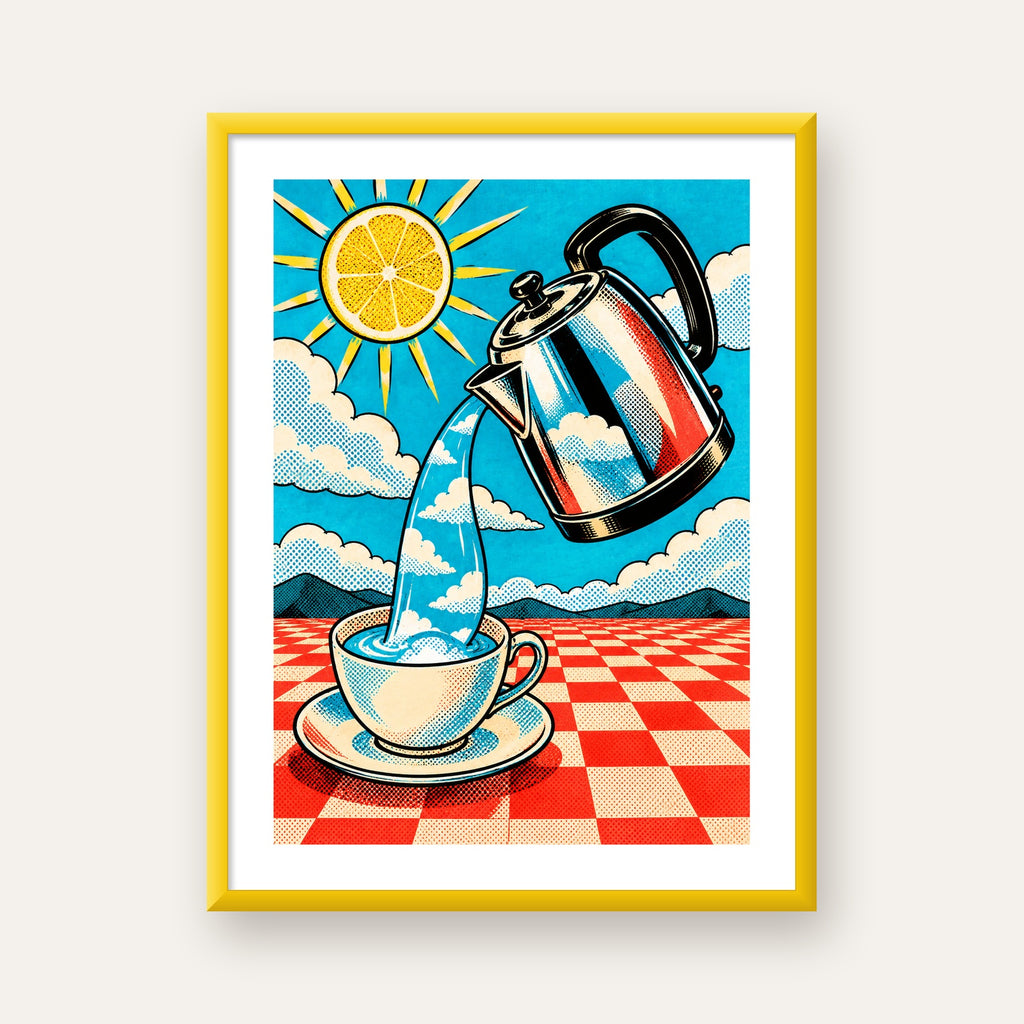 Retro Çay Konsepti Pop Art Poster – Renkli Modern Dekor — sarı çerçeveli paspartulu