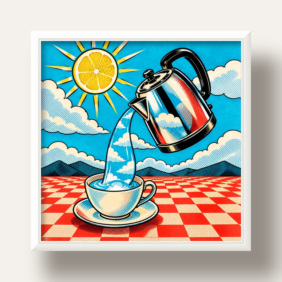 Retro Çay Konsepti Pop Art Poster – Renkli Modern Dekor — beyaz derin çerçeveli