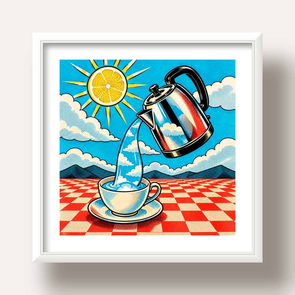 Retro Çay Konsepti Pop Art Poster – Renkli Modern Dekor — beyaz derin çerçeveli paspartulu