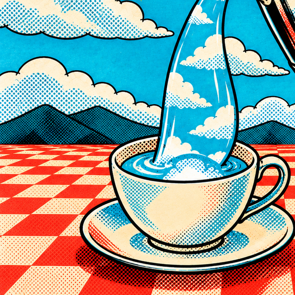 Retro Çay Konsepti Pop Art Poster – Renkli Modern Dekor — baskının yakın çekimi, kâğıt dokusu ve renk detayı