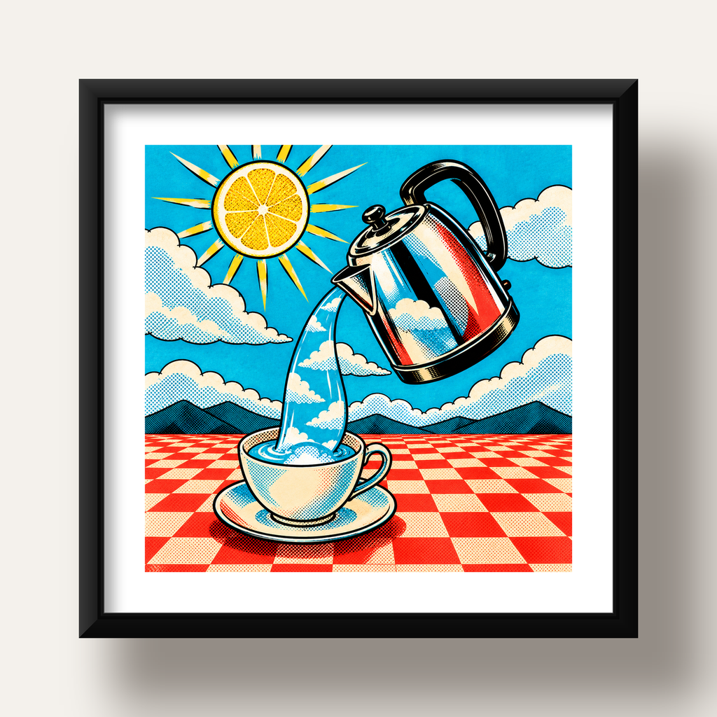 Retro Çay Konsepti Pop Art Poster – Renkli Modern Dekor — siyah derin çerçeveli paspartulu