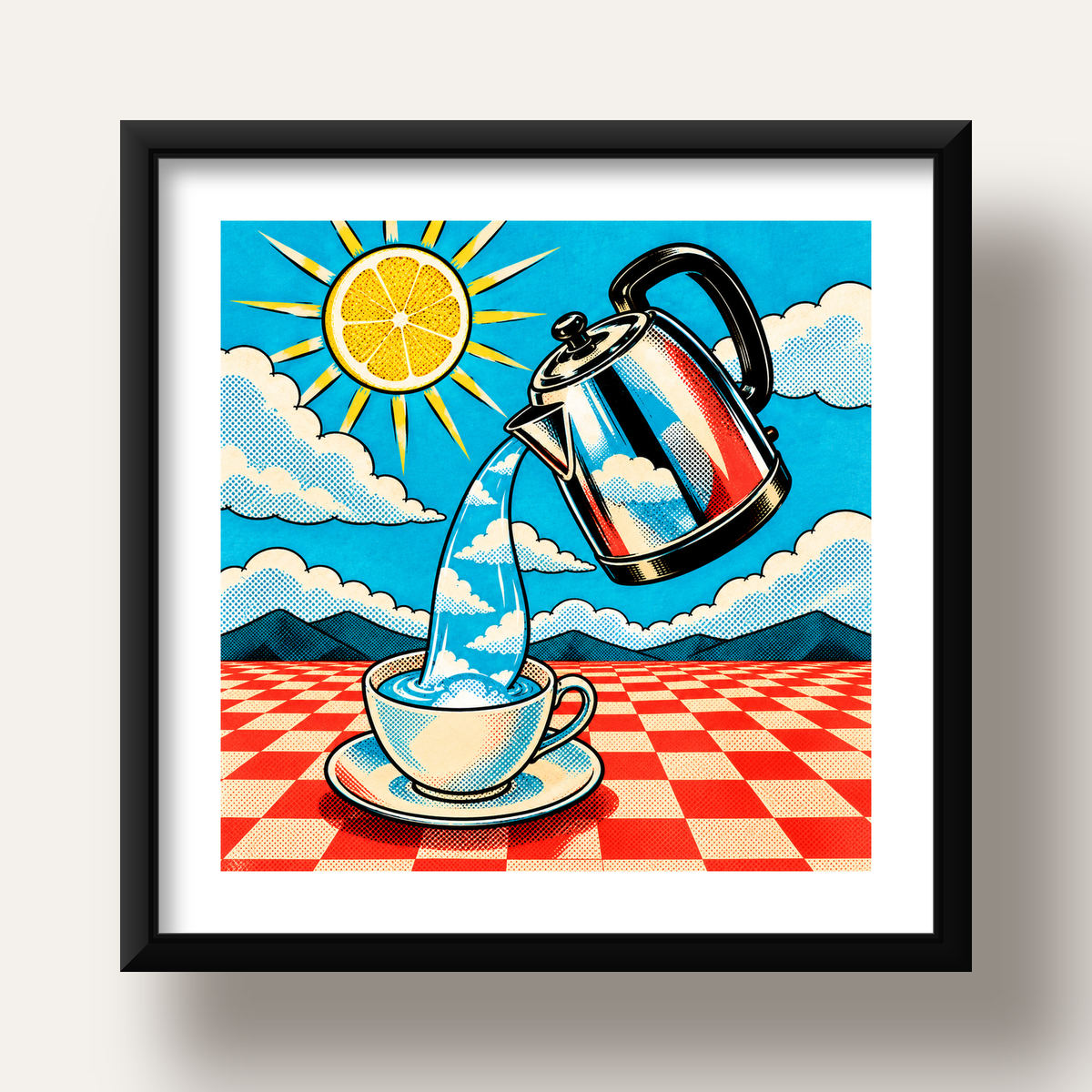 Retro Çay Konsepti Pop Art Poster – Renkli Modern Dekor — siyah derin çerçeveli paspartulu