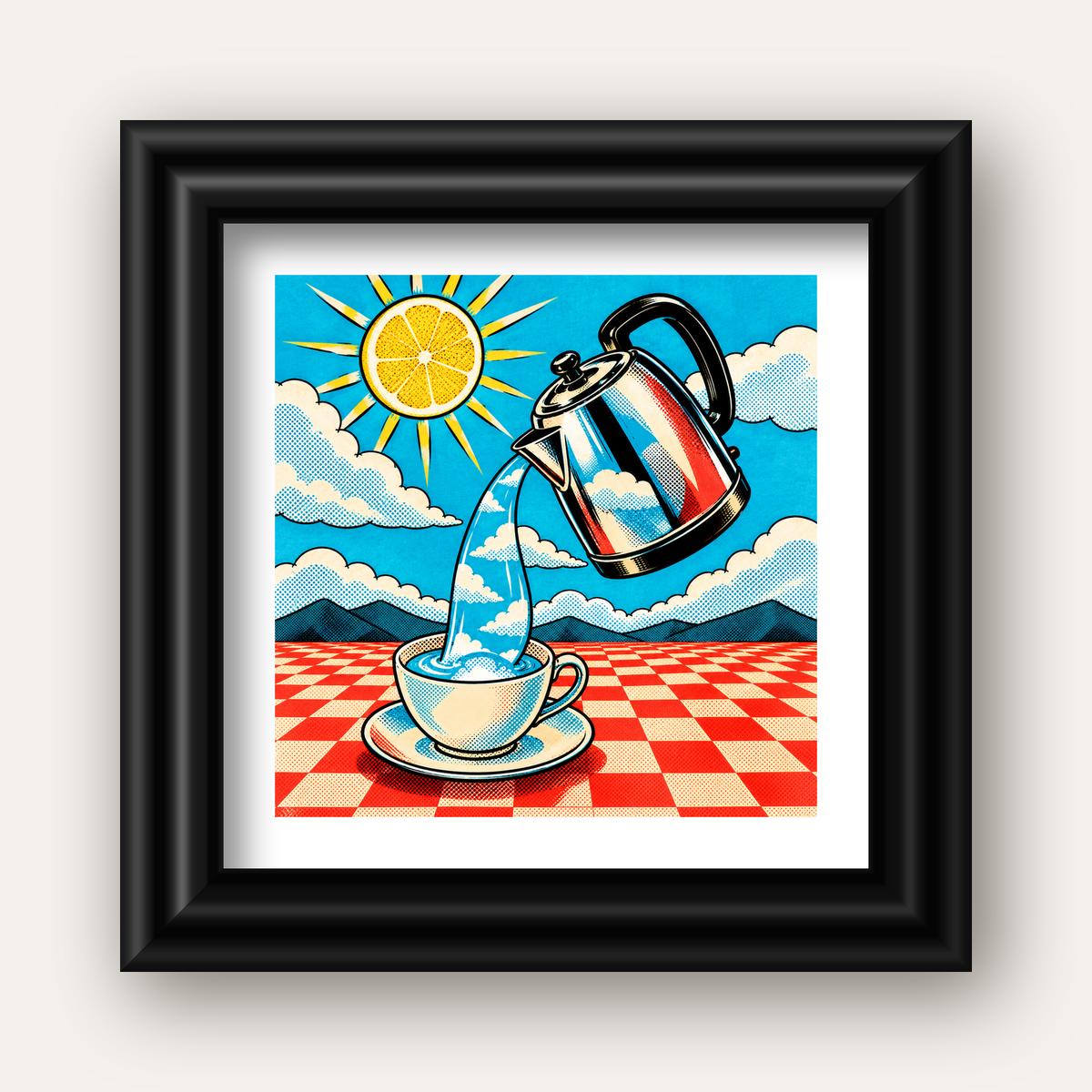 Retro Çay Konsepti Pop Art Poster – Renkli Modern Dekor — siyah galeri çerçeveli paspartulu