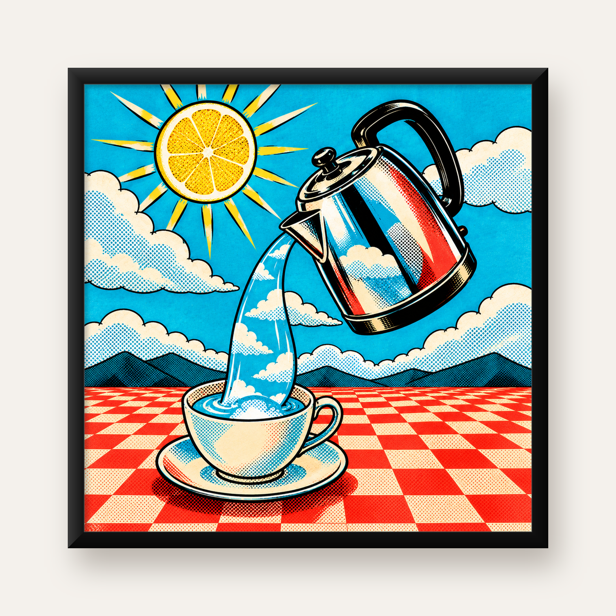 Retro Çay Konsepti Pop Art Poster – Renkli Modern Dekor — Kare baskı, düz siyah çerçeveli duvar posteri
