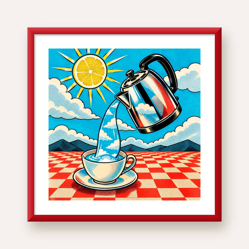 Retro Çay Konsepti Pop Art Poster – Renkli Modern Dekor — kırmızı çerçeveli paspartulu