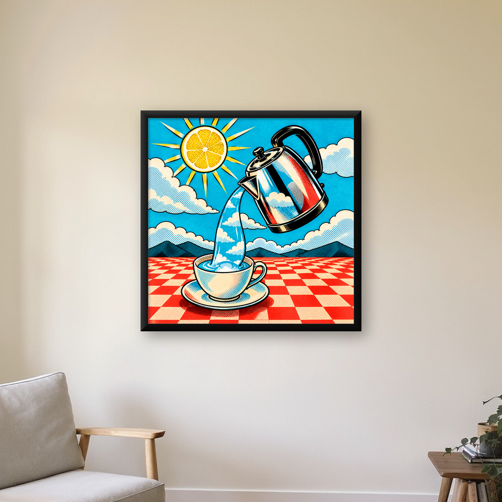 Retro Çay Konsepti Pop Art Poster – Renkli Modern Dekor — Kare baskı, çerçeveli hâliyle bir ev duvarında