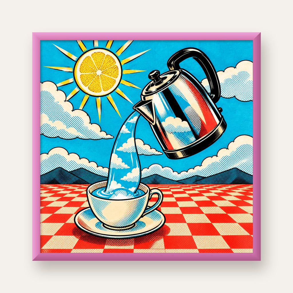 Retro Çay Konsepti Pop Art Poster – Renkli Modern Dekor — pembe çerçeveli