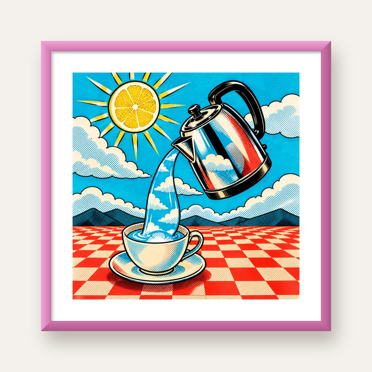 Retro Çay Konsepti Pop Art Poster – Renkli Modern Dekor — pembe çerçeveli paspartulu