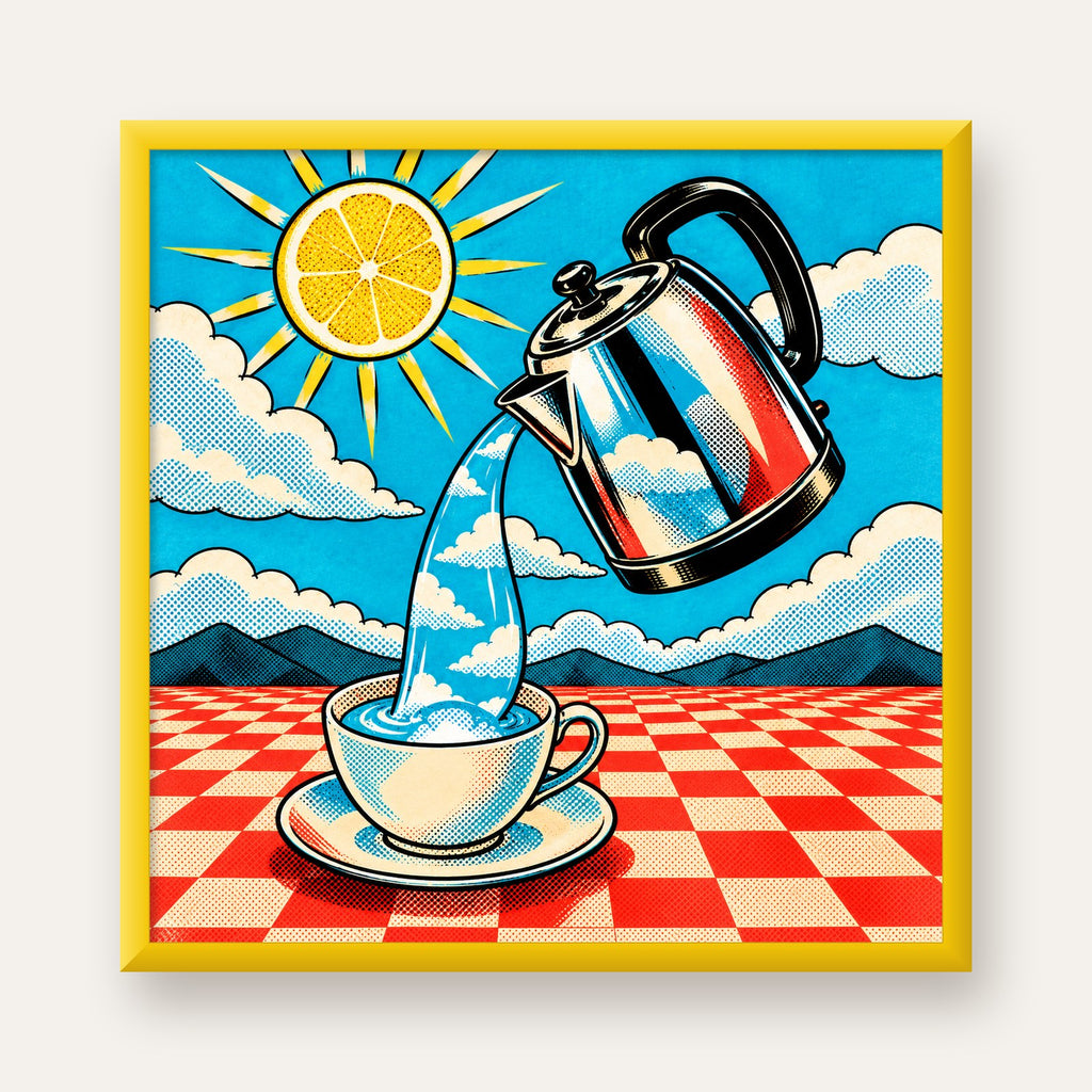 Retro Çay Konsepti Pop Art Poster – Renkli Modern Dekor — sarı çerçeveli