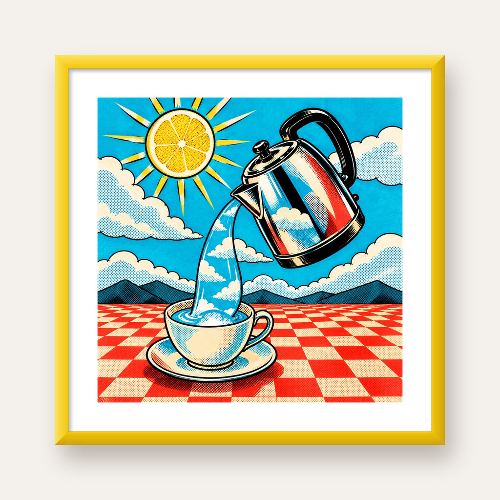 Retro Çay Konsepti Pop Art Poster – Renkli Modern Dekor — sarı çerçeveli paspartulu