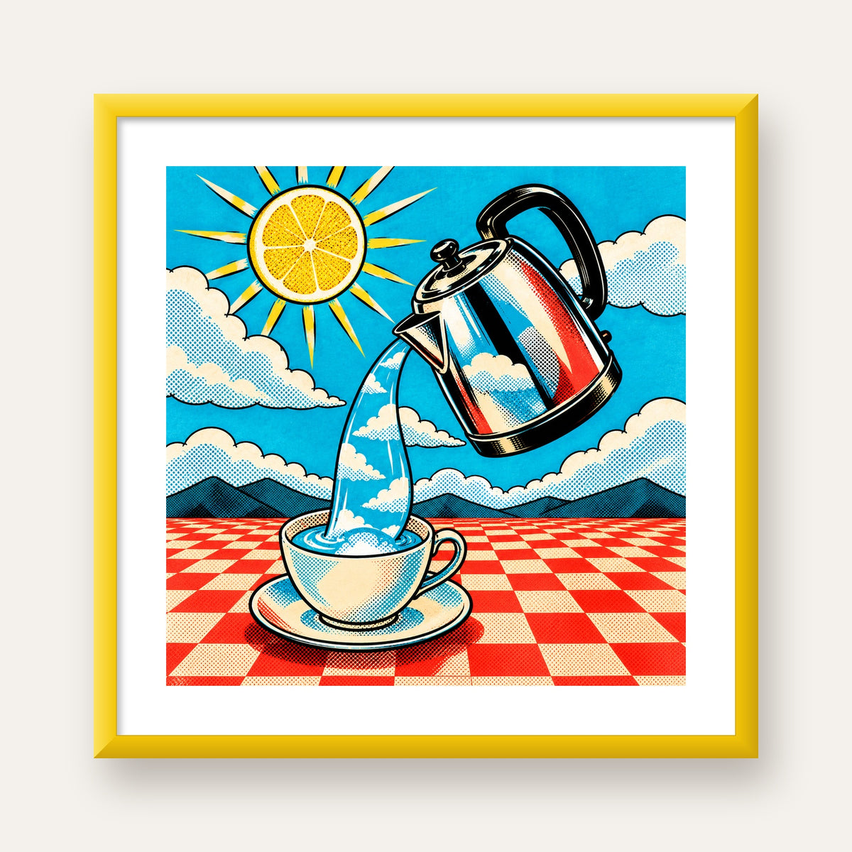 Retro Çay Konsepti Pop Art Poster – Renkli Modern Dekor — sarı çerçeveli paspartulu