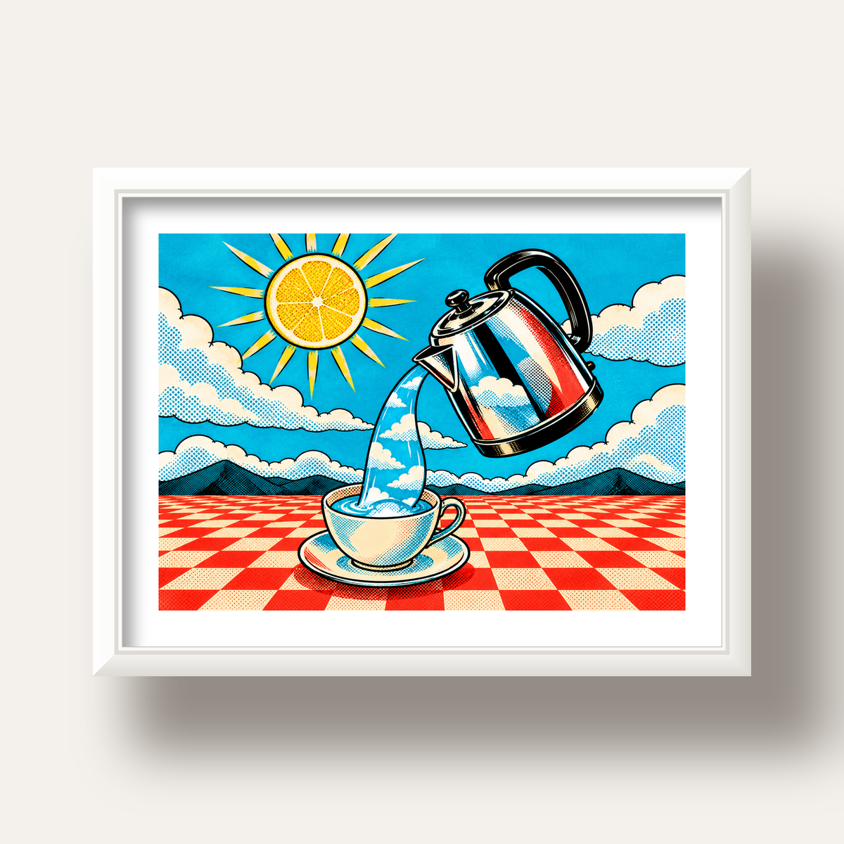 Retro Çay Konsepti Pop Art Poster – Renkli Modern Dekor — beyaz derin çerçeveli paspartulu