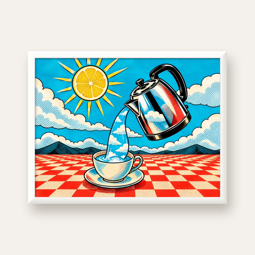Retro Çay Konsepti Pop Art Poster – Renkli Modern Dekor — beyaz çerçeveli yatay poster