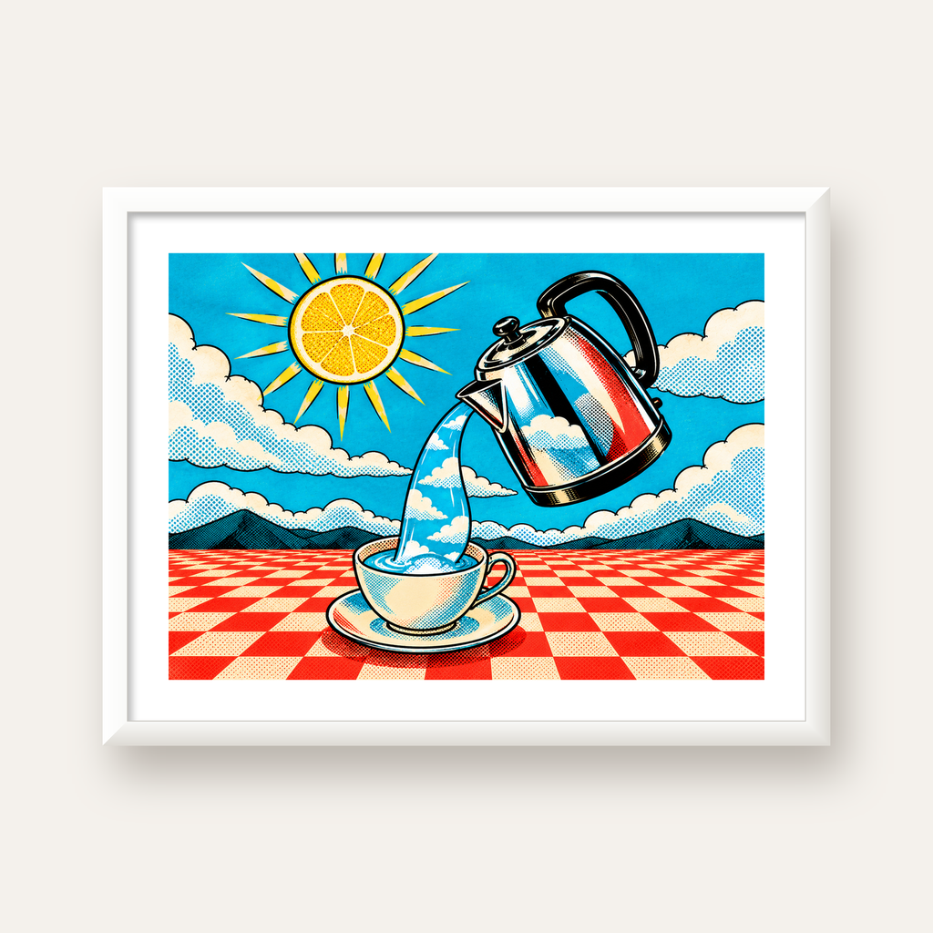 Retro Çay Konsepti Pop Art Poster – Renkli Modern Dekor — beyaz çerçeveli yatay poster
