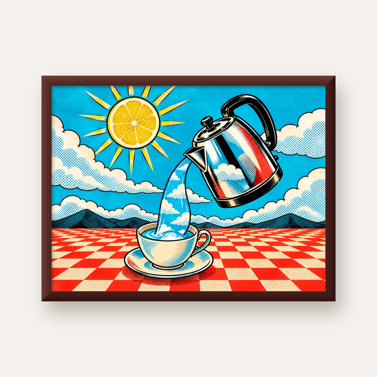 Retro Çay Konsepti Pop Art Poster – Renkli Modern Dekor — ceviz çerçeveli