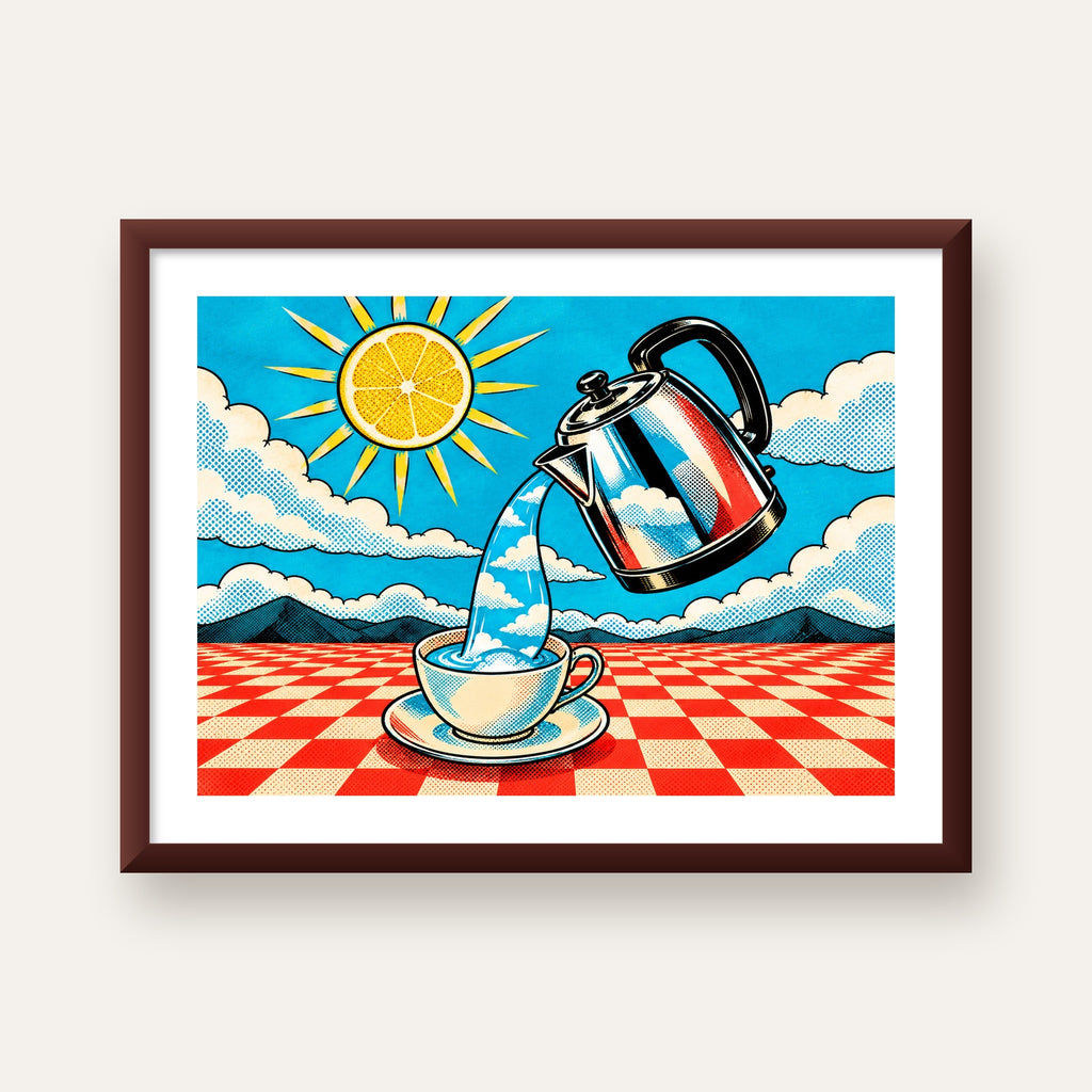 Retro Çay Konsepti Pop Art Poster – Renkli Modern Dekor — ceviz çerçeveli paspartulu