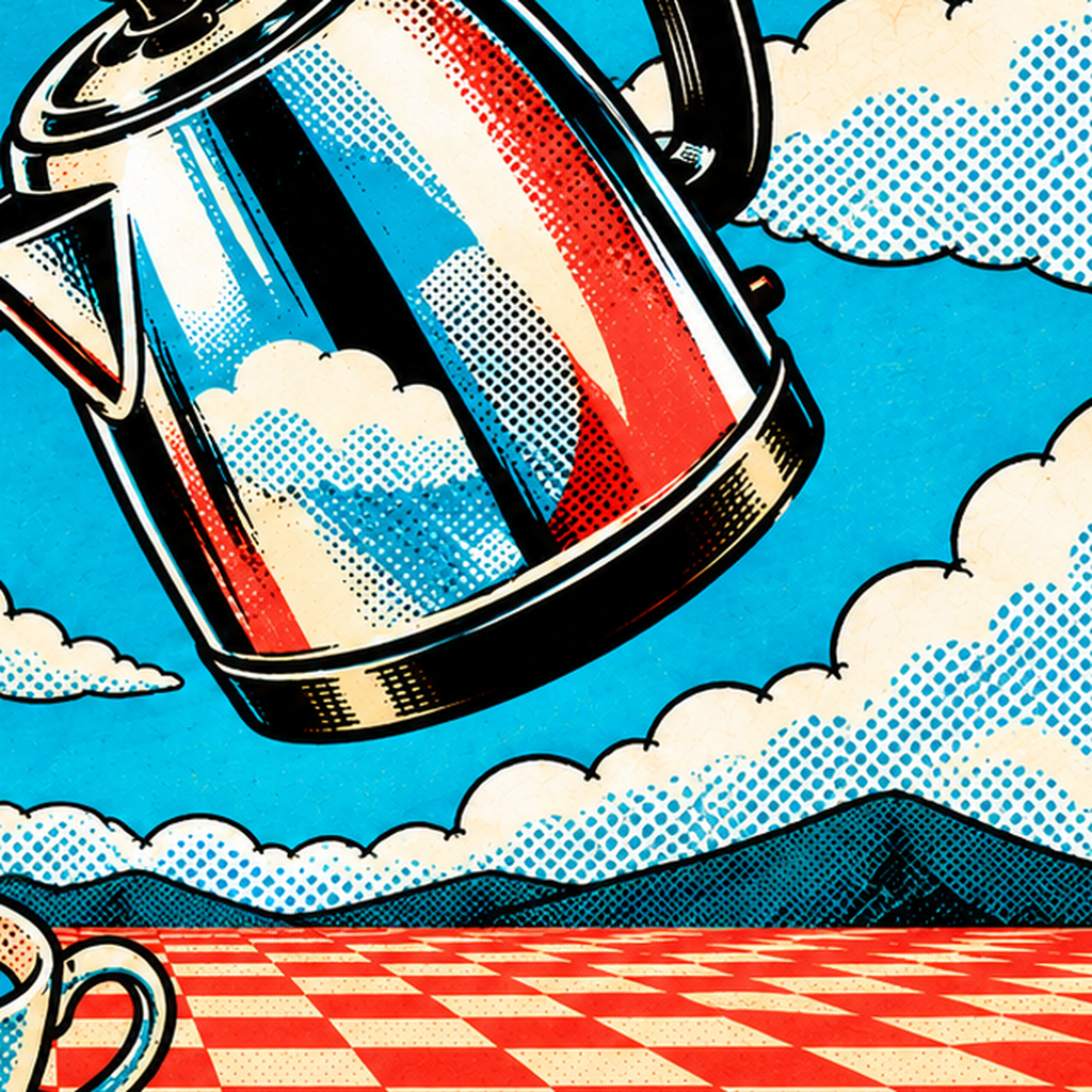 Retro Çay Konsepti Pop Art Poster – Renkli Modern Dekor — baskının yakın çekimi, kâğıt dokusu ve renk detayı