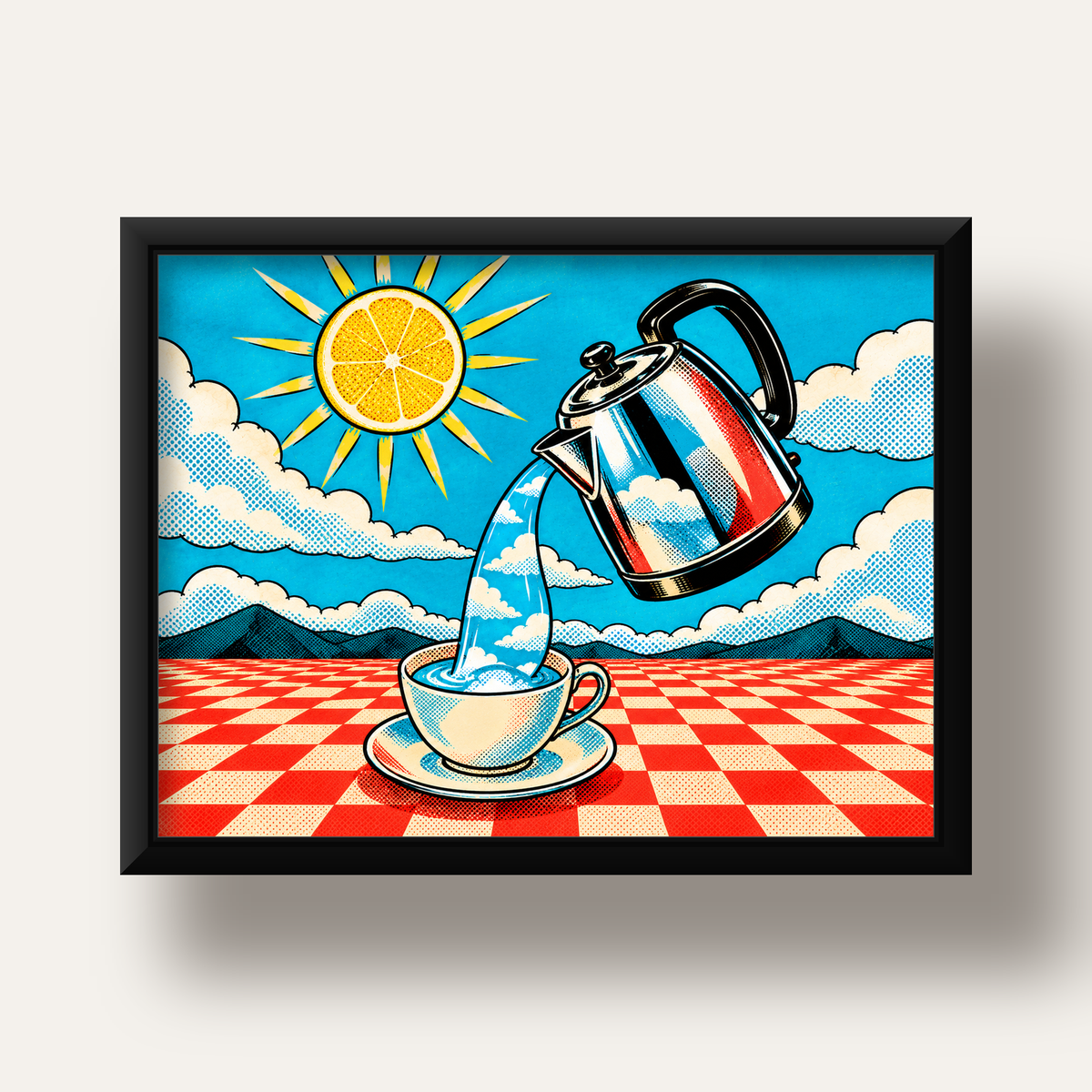 Retro Çay Konsepti Pop Art Poster – Renkli Modern Dekor — siyah derin çerçeveli