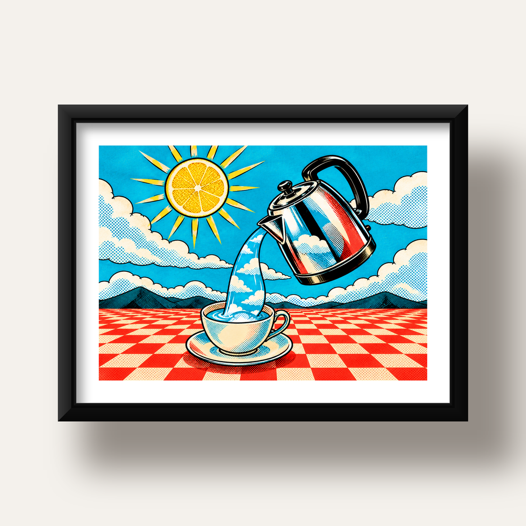 Retro Çay Konsepti Pop Art Poster – Renkli Modern Dekor — siyah derin çerçeveli paspartulu