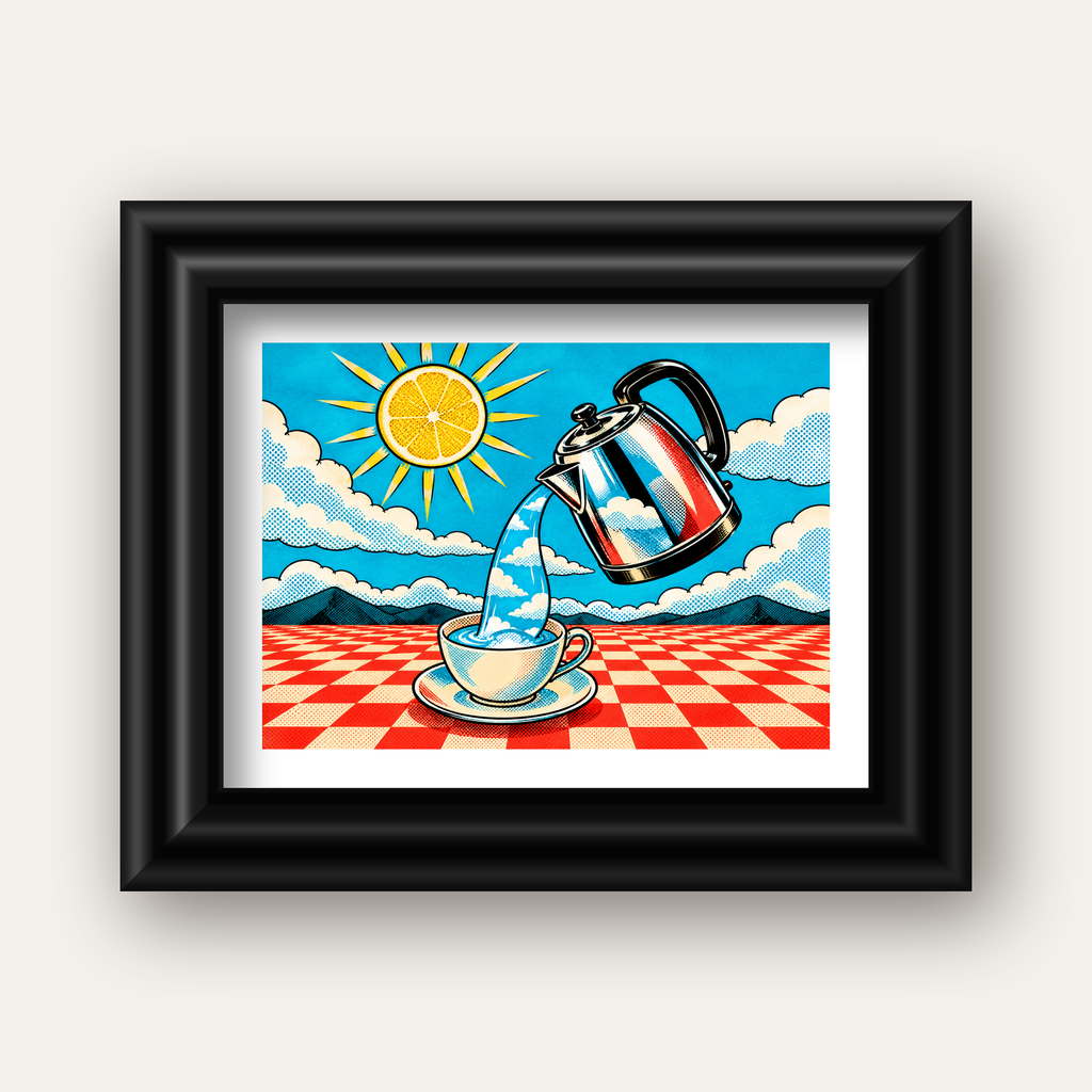 Retro Çay Konsepti Pop Art Poster – Renkli Modern Dekor — siyah galeri çerçeveli paspartulu