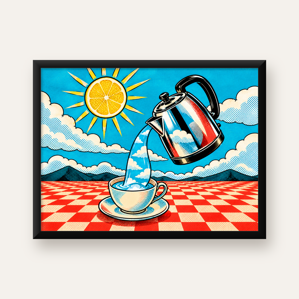 Retro Çay Konsepti Pop Art Poster – Renkli Modern Dekor — Yatay baskı, düz siyah çerçeveli duvar posteri