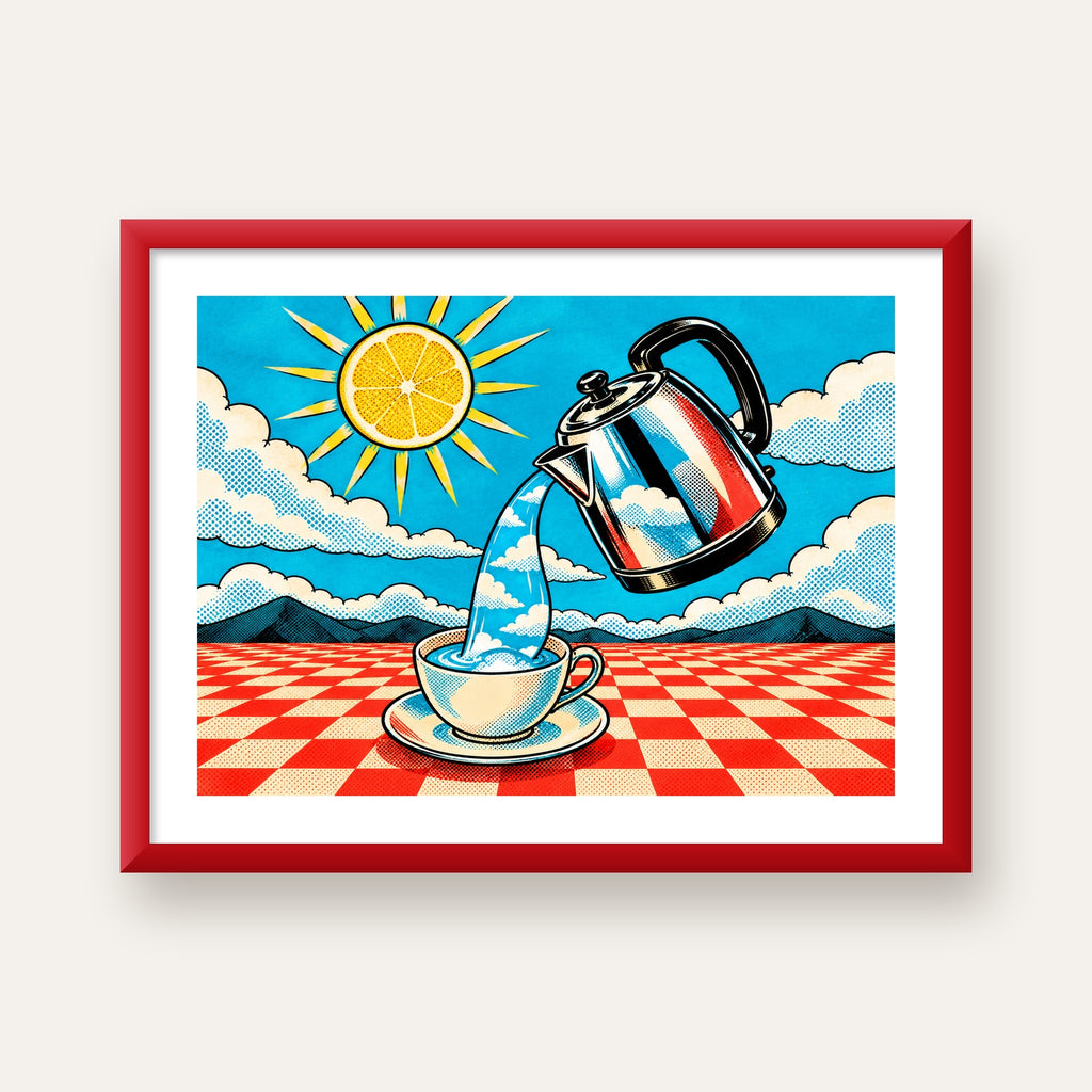 Retro Çay Konsepti Pop Art Poster – Renkli Modern Dekor — kırmızı çerçeveli paspartulu