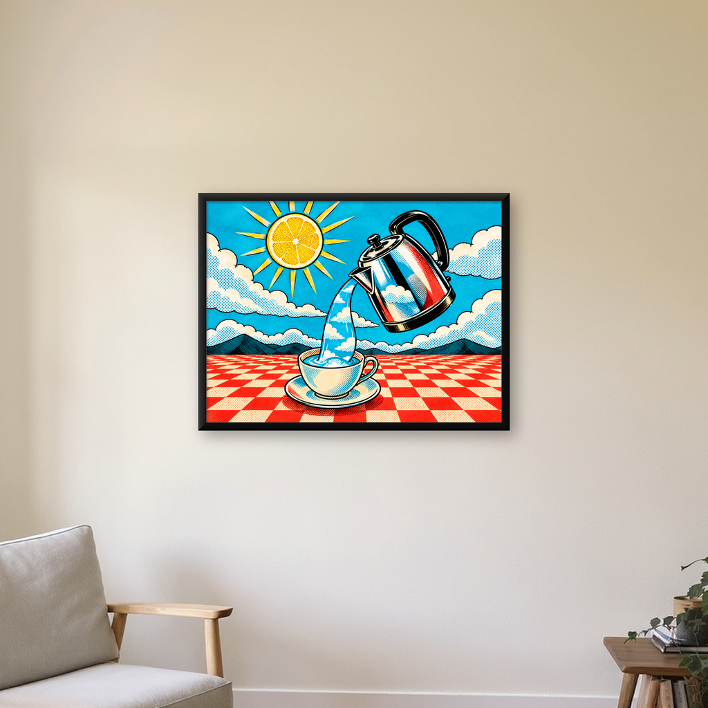 Retro Çay Konsepti Pop Art Poster – Renkli Modern Dekor — Yatay baskı, çerçeveli hâliyle bir ev duvarında
