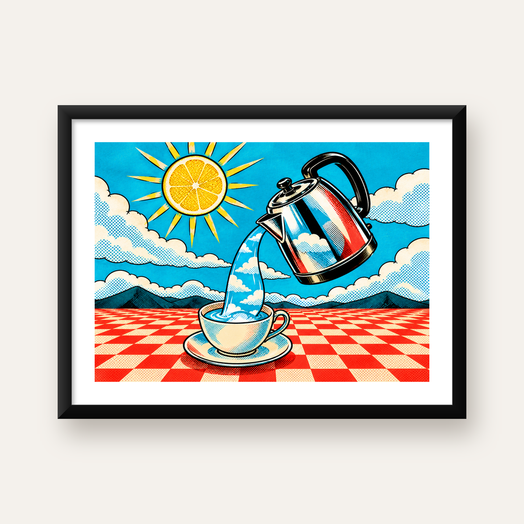 Retro Çay Konsepti Pop Art Poster – Renkli Modern Dekor — Yatay baskı, beyaz paspartulu