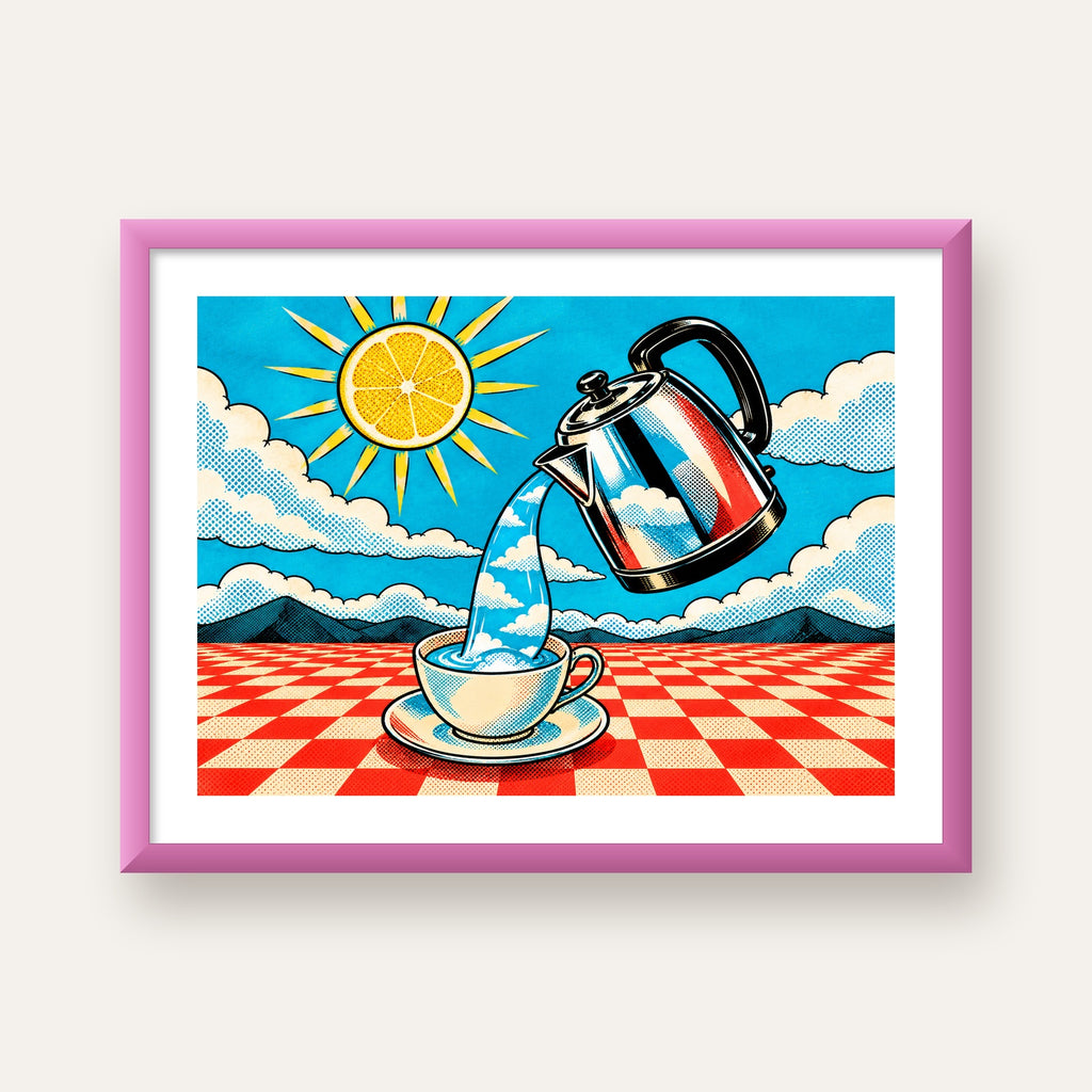 Retro Çay Konsepti Pop Art Poster – Renkli Modern Dekor — pembe çerçeveli paspartulu