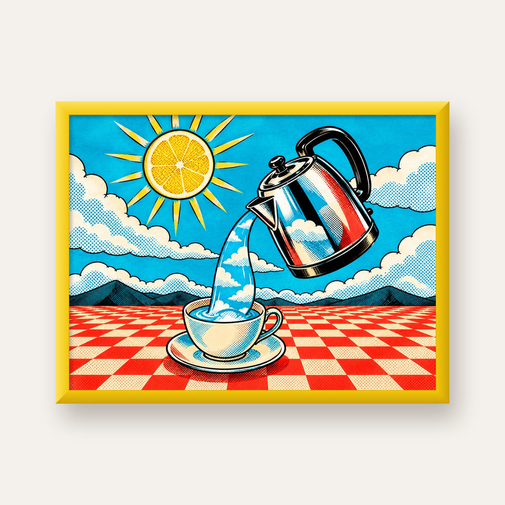Retro Çay Konsepti Pop Art Poster – Renkli Modern Dekor — sarı çerçeveli