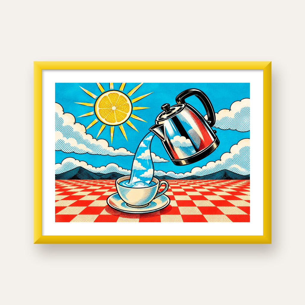 Retro Çay Konsepti Pop Art Poster – Renkli Modern Dekor — sarı çerçeveli paspartulu