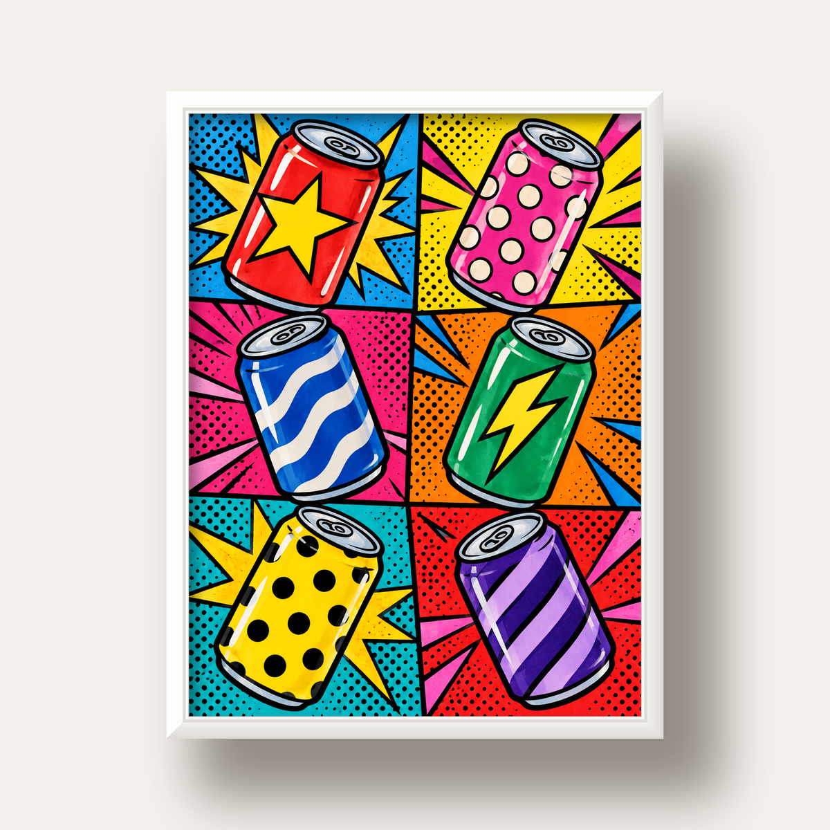 Pop Art Kutu İçecekler – Renkli Çizgi Roman Poster — beyaz derin çerçeveli