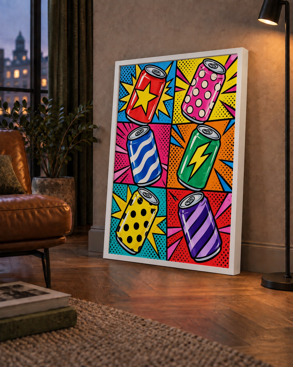 Pop Art Kutu İçecekler – Renkli Çizgi Roman Poster — çerçeveli hâliyle bir ev duvarında