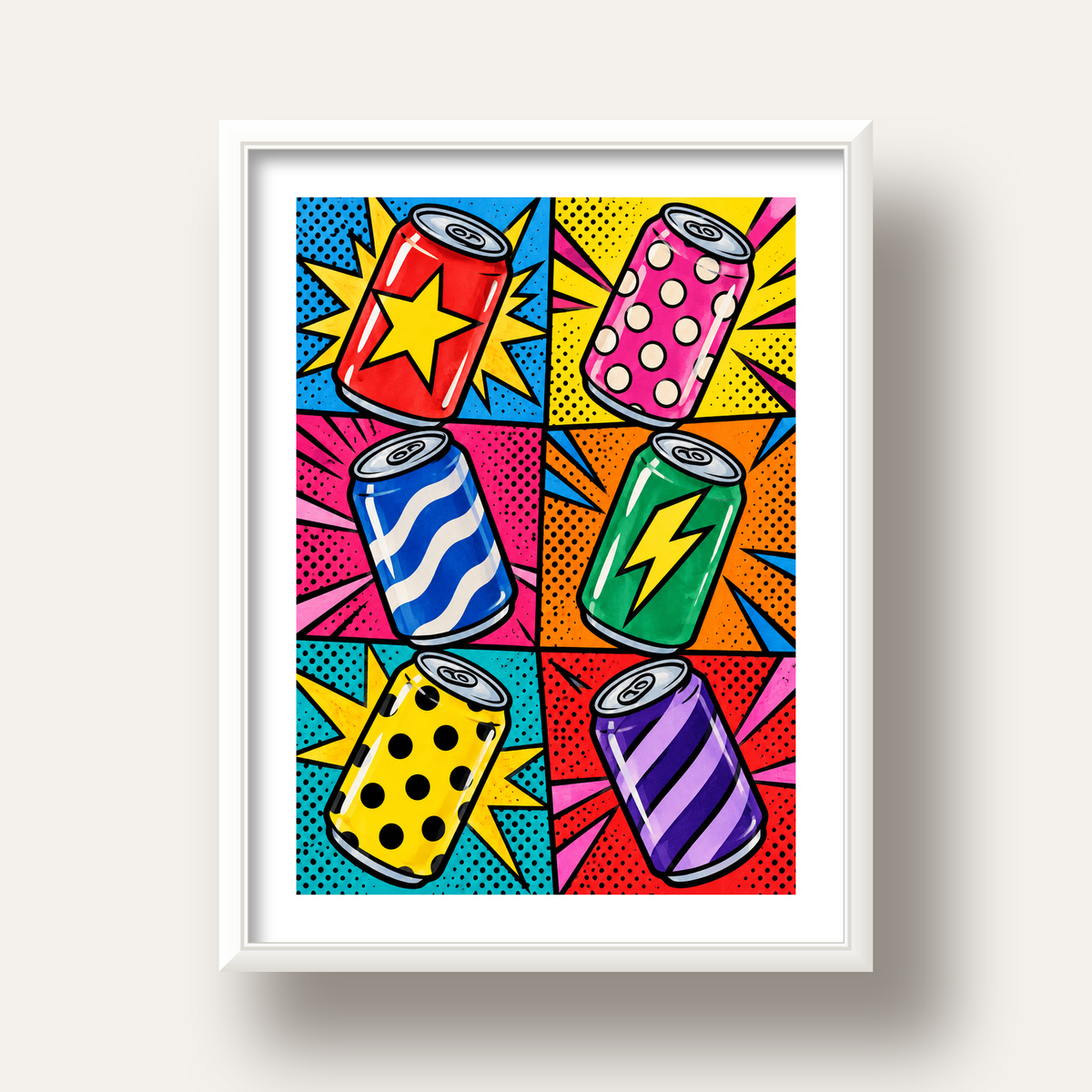 Pop Art Kutu İçecekler – Renkli Çizgi Roman Poster — beyaz derin çerçeveli paspartulu