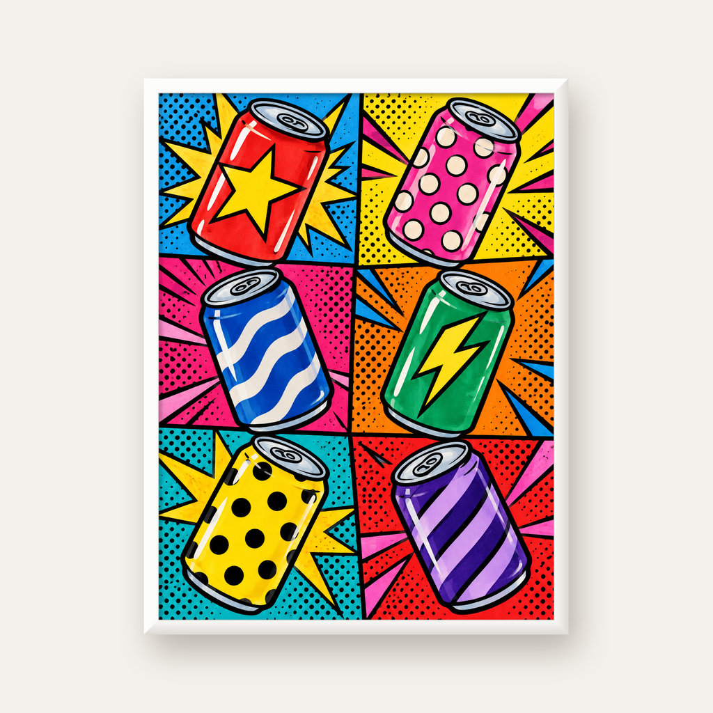 Pop Art Kutu İçecekler – Renkli Çizgi Roman Poster — beyaz çerçeveli dikey poster