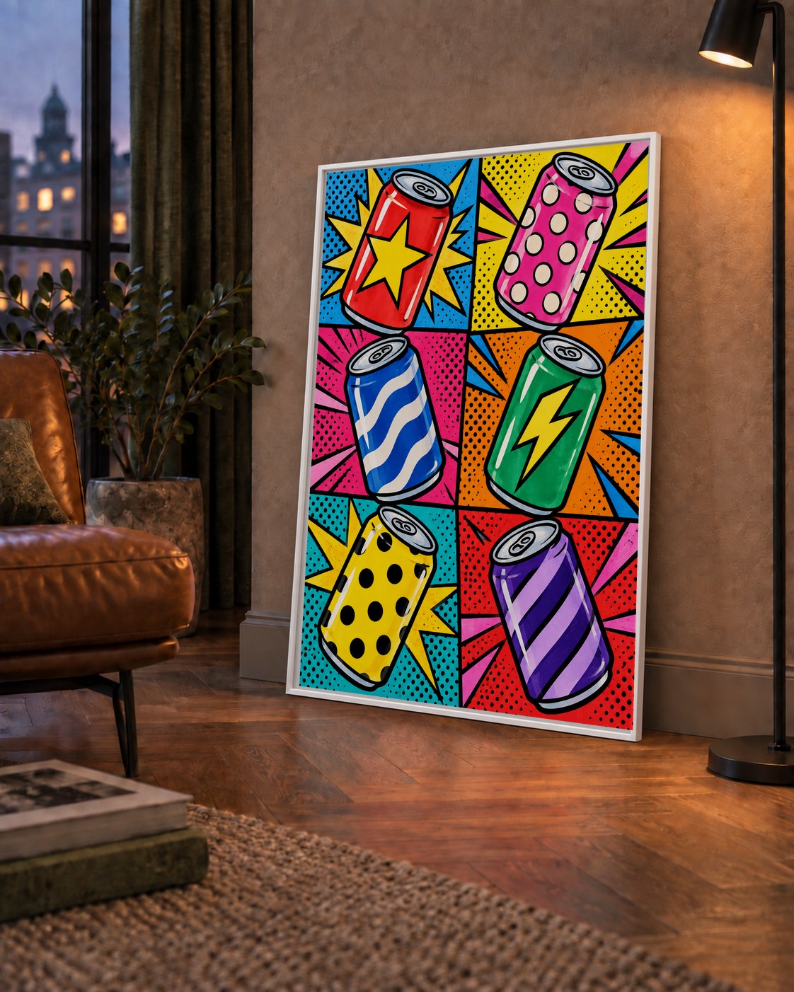 Pop Art Kutu İçecekler – Renkli Çizgi Roman Poster — çerçeveli hâliyle bir ev duvarında