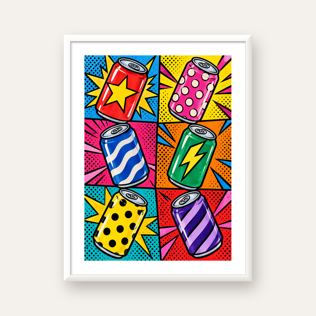 Pop Art Kutu İçecekler – Renkli Çizgi Roman Poster — beyaz çerçeveli dikey poster