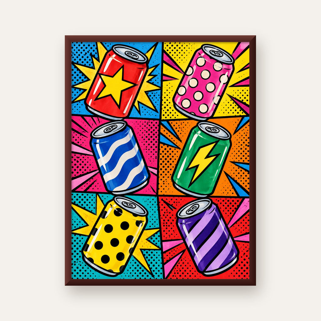 Pop Art Kutu İçecekler – Renkli Çizgi Roman Poster — ceviz çerçeveli