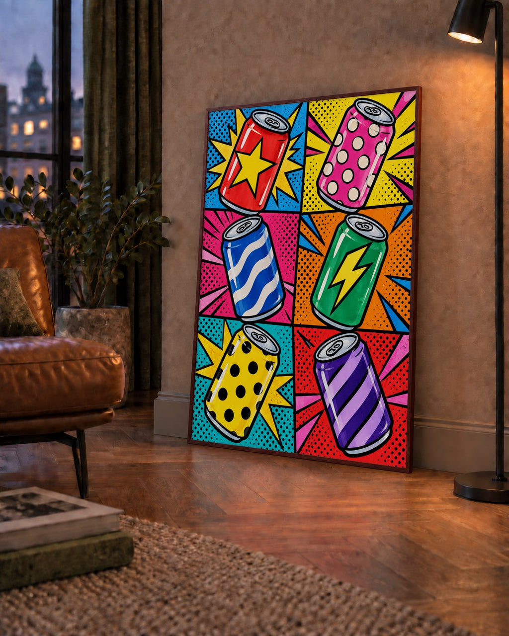 Pop Art Kutu İçecekler – Renkli Çizgi Roman Poster — çerçeveli hâliyle bir ev duvarında