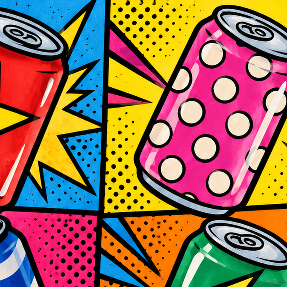 Pop Art Kutu İçecekler – Renkli Çizgi Roman Poster — baskının yakın çekimi, kâğıt dokusu ve renk detayı
