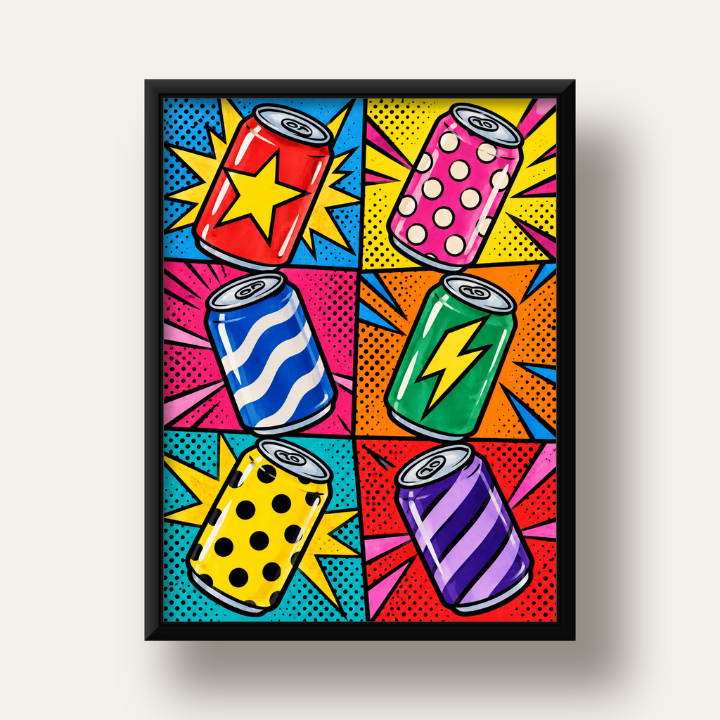 Pop Art Kutu İçecekler – Renkli Çizgi Roman Poster — siyah derin çerçeveli