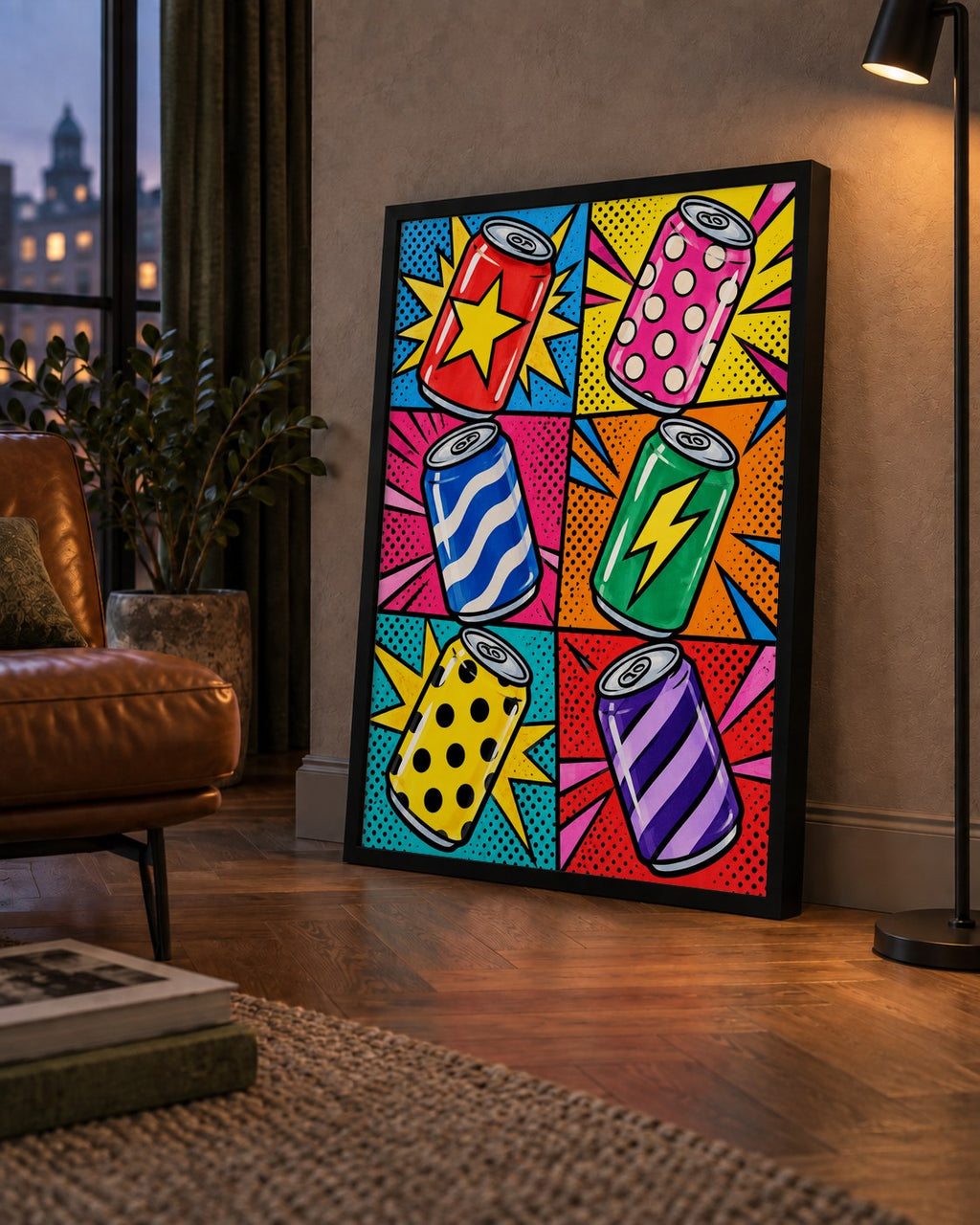 Pop Art Kutu İçecekler – Renkli Çizgi Roman Poster — çerçeveli hâliyle bir ev duvarında