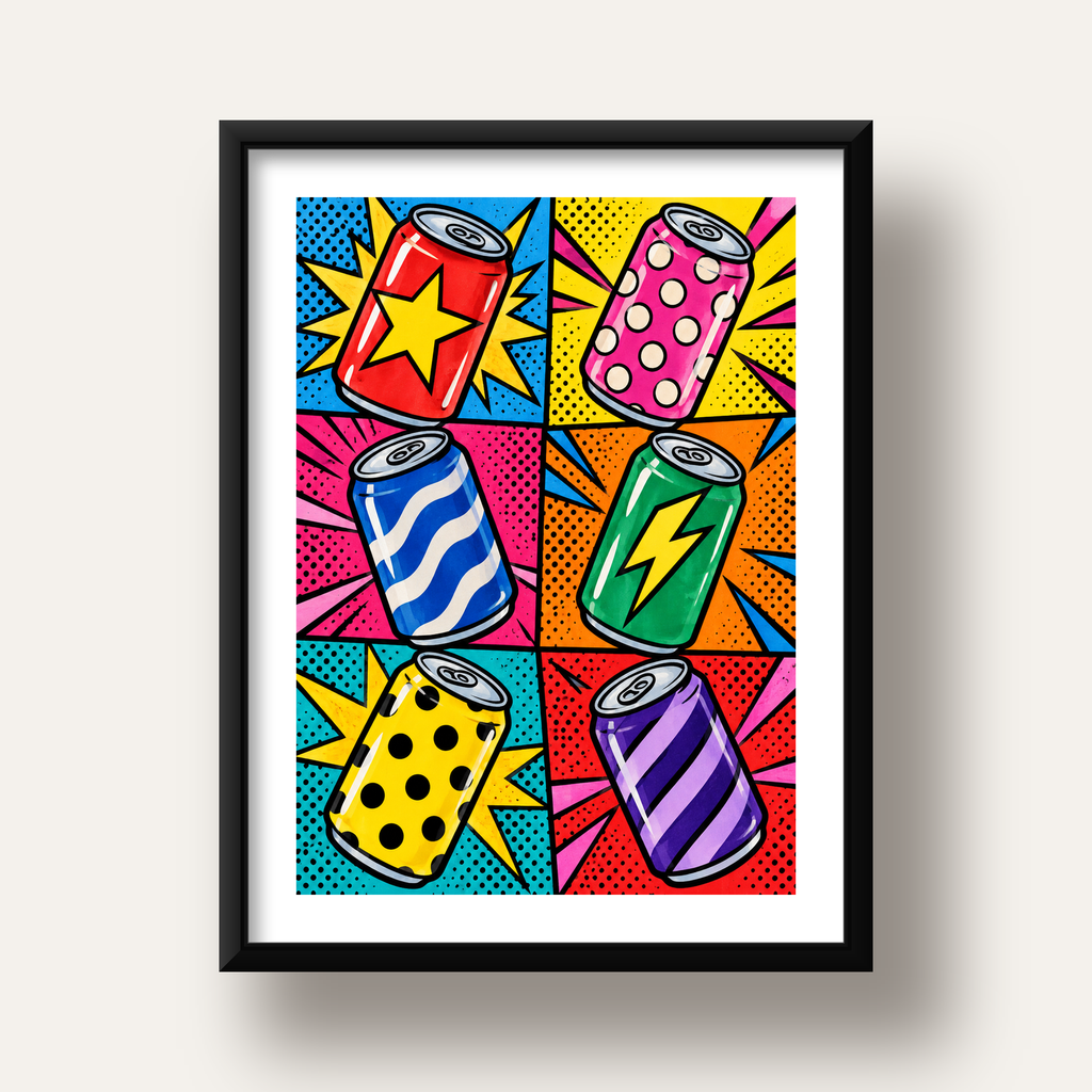 Pop Art Kutu İçecekler – Renkli Çizgi Roman Poster — siyah derin çerçeveli paspartulu