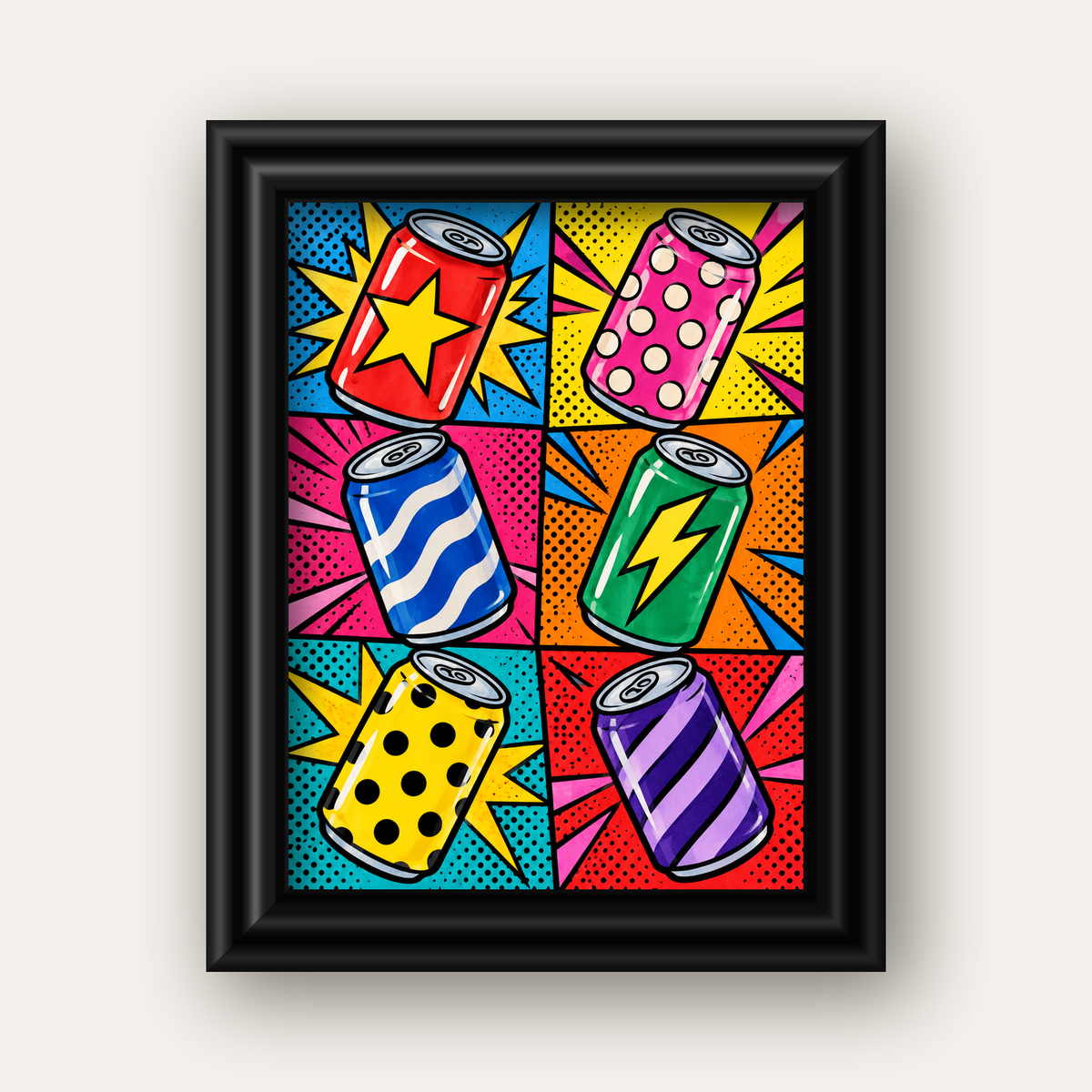 Pop Art Kutu İçecekler – Renkli Çizgi Roman Poster — siyah galeri çerçeveli