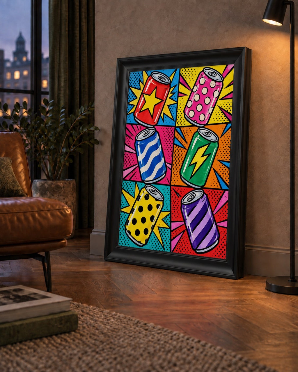 Pop Art Kutu İçecekler – Renkli Çizgi Roman Poster — çerçeveli hâliyle bir ev duvarında