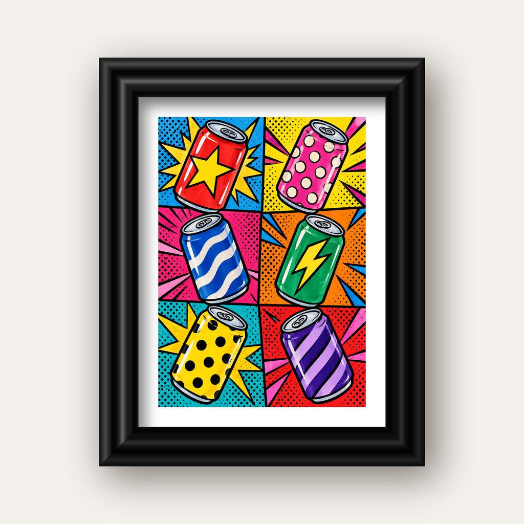 Pop Art Kutu İçecekler – Renkli Çizgi Roman Poster — siyah galeri çerçeveli paspartulu