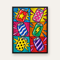 Pop Art Kutu İçecekler – Renkli Çizgi Roman Poster — Dikey baskı, düz siyah çerçeveli duvar posteri